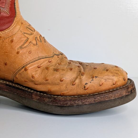 Lucchese Ostrich Goat Skin Boots 7 Red Tan Western Cowgirl Aesthetic Vintage - Picture 15 of 16